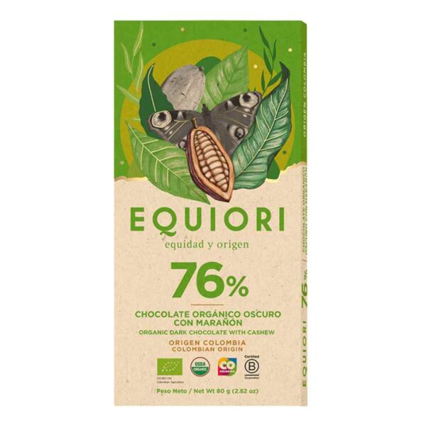 Barra de Chocolate al 76% con Marañón EQUIORI